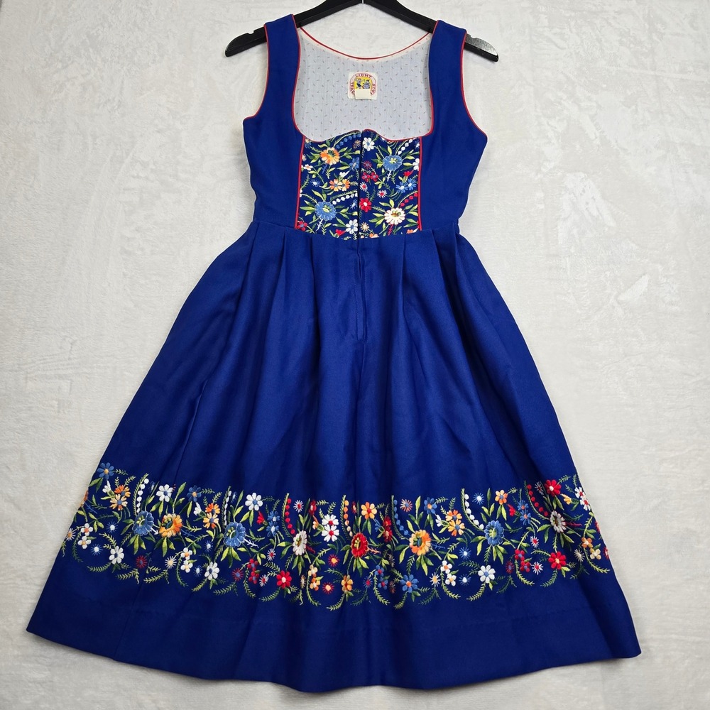 Licht Trachtenhaus Vintage Dirndl Dress Blue Floral Embroidered Austrian Sz 8 XS